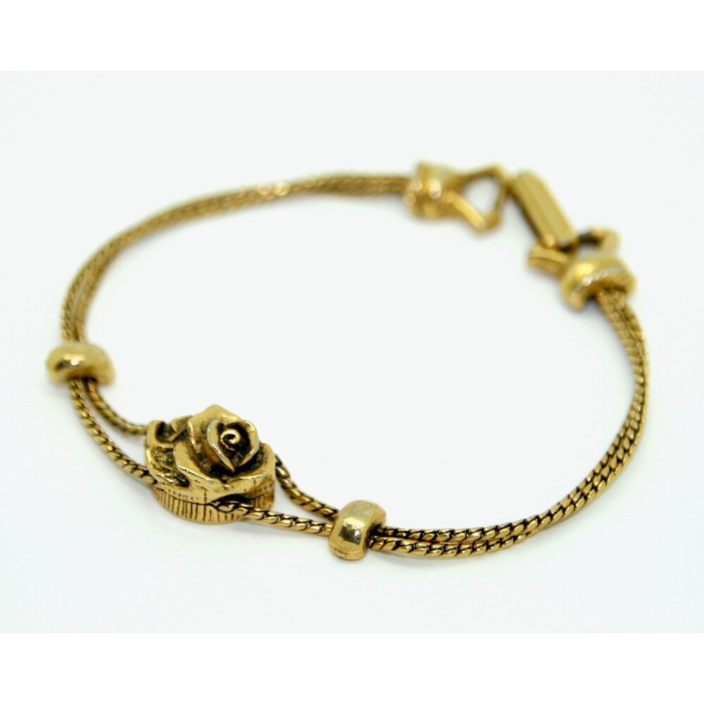 Vntg Signed Goldette NY Rose Slider Charm Double Bracelet Gold Victorian Revival